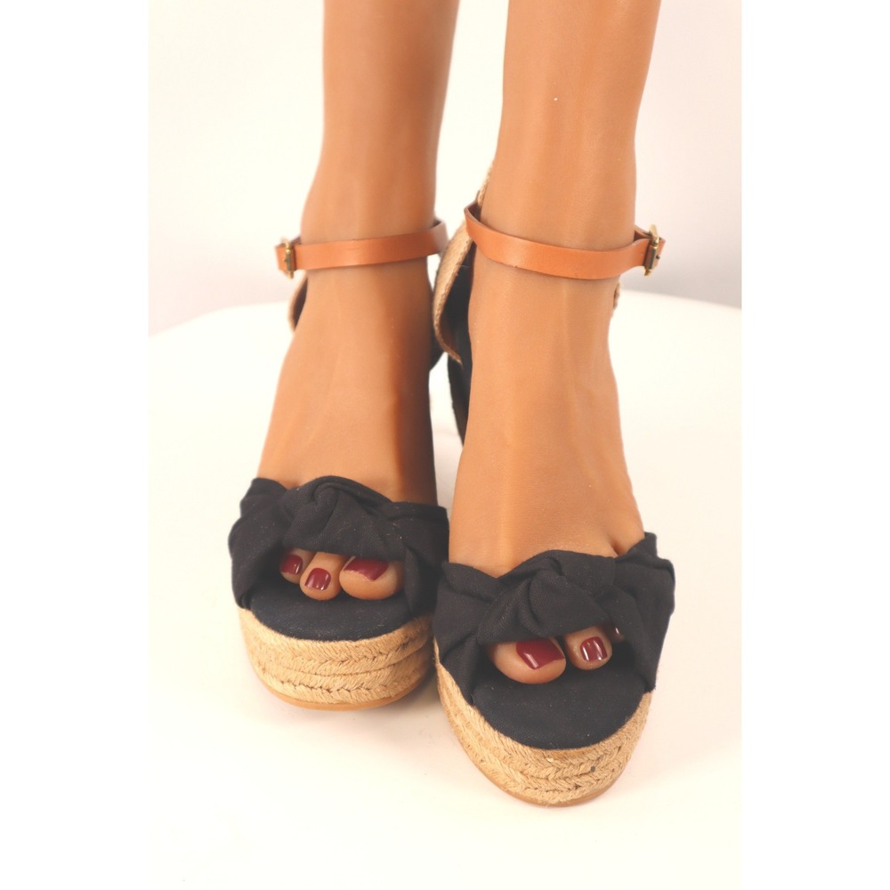 Tory Burch Knotted Bow‎ Espadrille Wedge Sandals Black/Tan Leather Strap Size 10